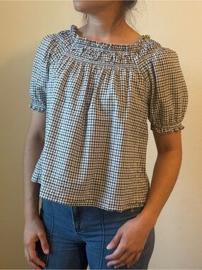 Smocked Square Neck Black & White Gingham Women's Peasant Top
